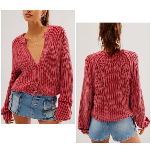 Free People Sweaters - NWOT Free People Sweet Nothing Cardi - Cherry - M - Chunky, Cropped cardigan